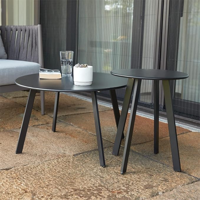 Outdoor Patio Coffee Table Set of 2, Weather Resistant End Table, Round Nesting - Image 4