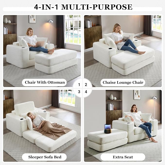HANXIN 62" Chaise Lounge Chair Indoor, Oversized Corduroy Boneless Convertible - Image 4