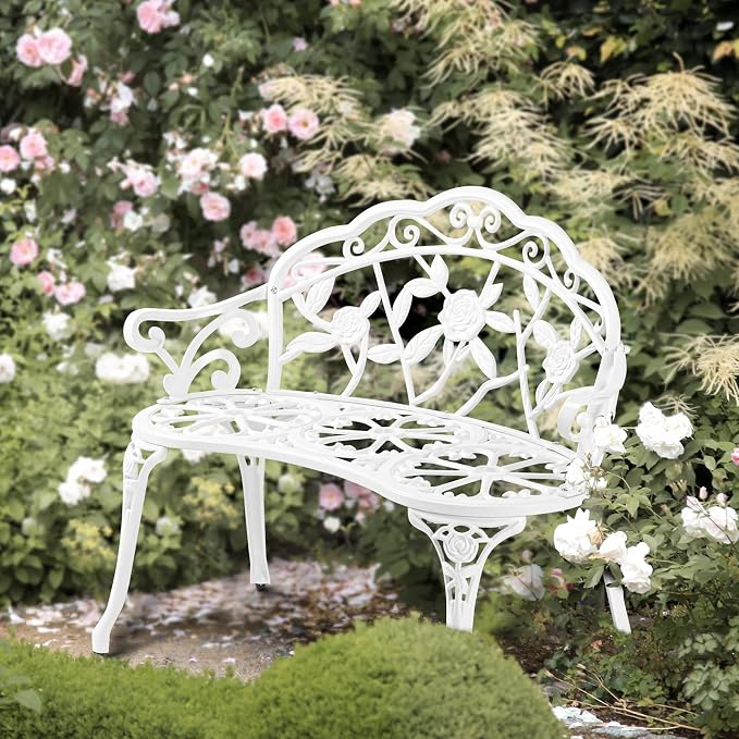 VINGLI 38.5" Patio Park Garden Outdoor Metal Rose Bench, 2-Person Cast Iron - Image 9