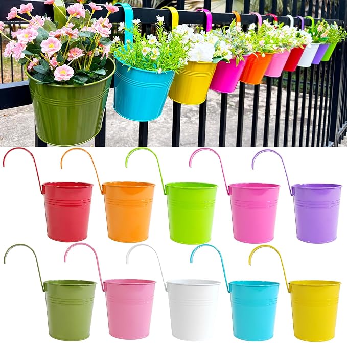 6 Inch Hanging Planters for Outdoor Plants, 10 Pack Metal Railing Planter by JOYFERNAL