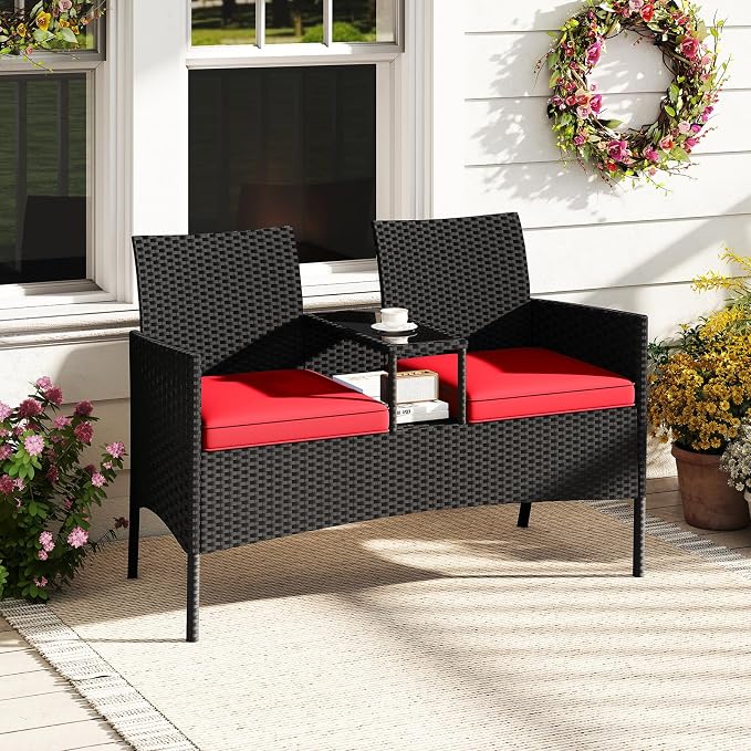 Tangkula Patio Loveseat with Built-in Table, Wicker 2-Seat Furniture with Soft - Image 4