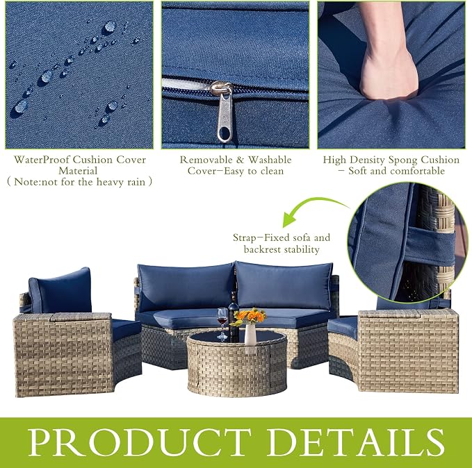 ECOTOUGE 7 Piece Outdoor Half Moon Furniture, Wicker Patio Sectional - Image 5
