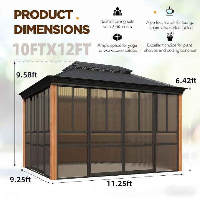 EROMMY 10' X 12' Hardtop Sunroom, Galvanized Steel Double Roof Gazebo Solarium - Image 2