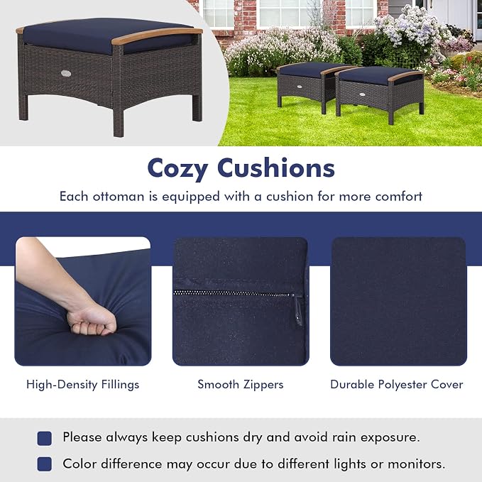 Tangkula 2 Piece Patio Rattan Ottomans, Outdoor Wicker Footstool w/Acacia Wood - Image 6