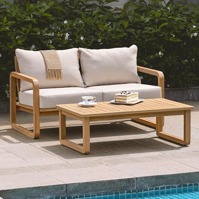 Idzo Ivy Loveseat with Coffee Table – Beige Fabric, 2-Seater Outdoor Sofa Set by Idzo