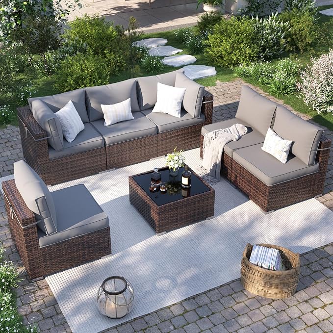 Patio Furniture Set, 7 Pieces Outdoor Sectional Sofa, PE Wicker Backyard by VonzoyHome