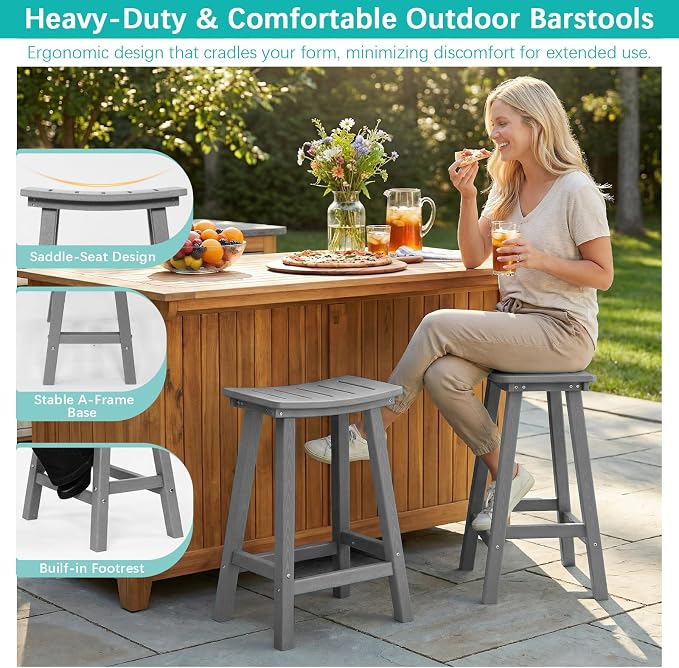 Outdoor Bar Stools Set of 2, 24 Inch All-Weather HDPE Counter Height Chairs - Image 5