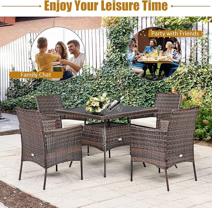 Tangkula 5 Pieces Wicker Patio Dining Set, Outdoor PE Rattan Chairs Table Set - Image 9