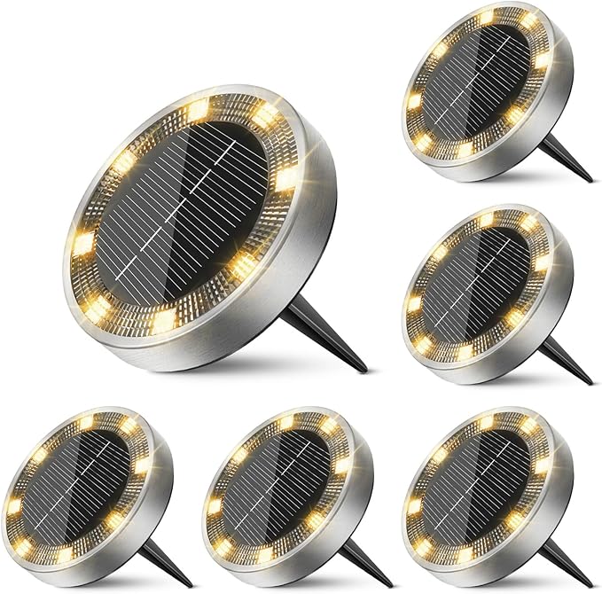 6 Pack Solar Ground Lights Outdoor, 8 LED Mini Flat Solar Disk Lights, IP65 by Unknown