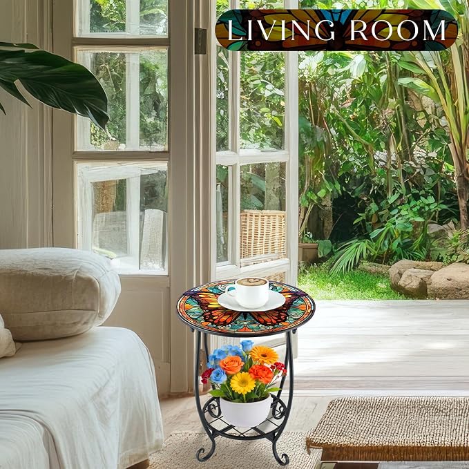 Outdoor Side Table Round Small Mosaic Patio Accent Indoor End Plant Coffee Tea - Image 8