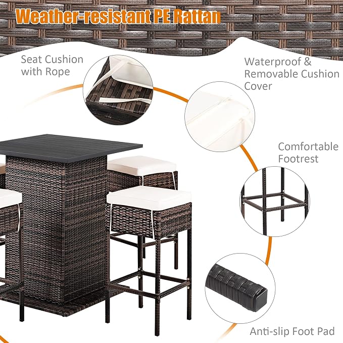 Tangkula 5 Piece Outdoor Rattan Bar Set, Patio Bar Furniture - Image 7