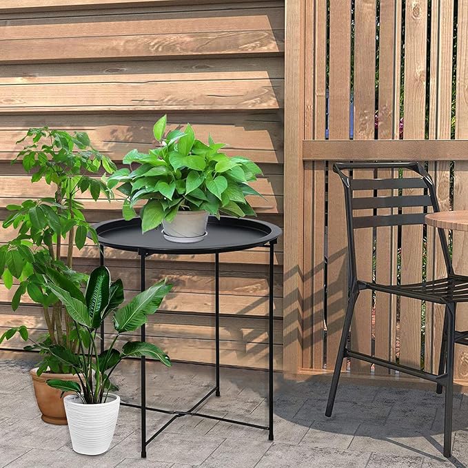 Garden 4 you End Table 2 PCS Metal Side Table Black Round Folding Tray Cyan - Image 9