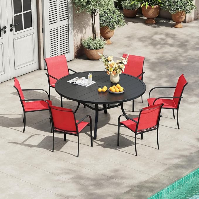 VICLLAX 7 Pieces Patio Outdoor Dining Set, 47.2" Round Metal Table by HOME
