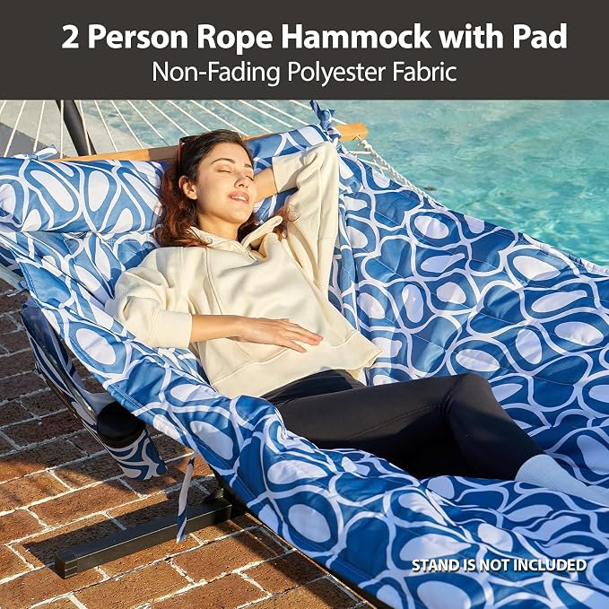 Outdoor Double Hammock with Hardwood Spreader Bars, Large Rope Hammock with - Image 2