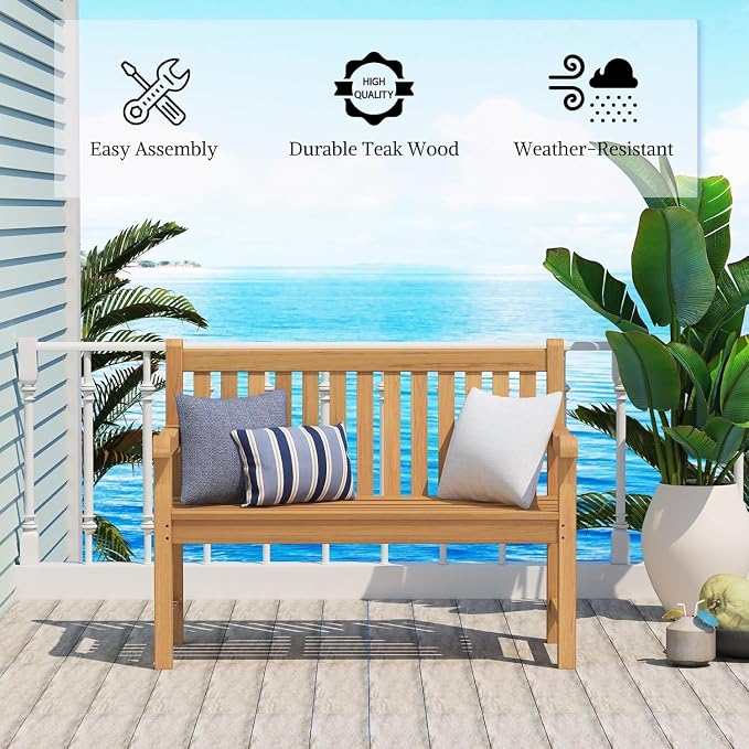 Teak Wood Outdoor Bench Set of 2, Weatherproof Garden Benches - Image 9