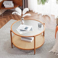 VINGLI 30" Rattan Coffee Table, Round Water-Wave Glass Metal Center Table by VINGLI