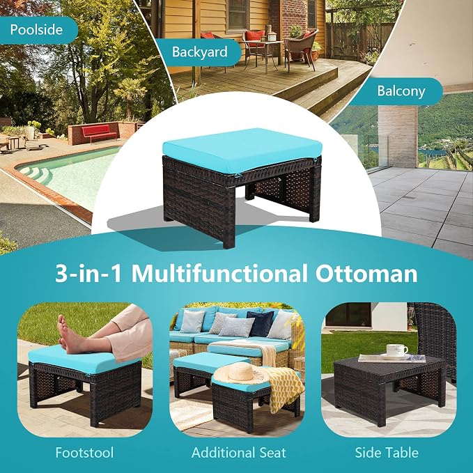 ORALNER Outdoor Ottoman, All-Weather Rattan Foot Stools w/Removable Cushions - Image 5