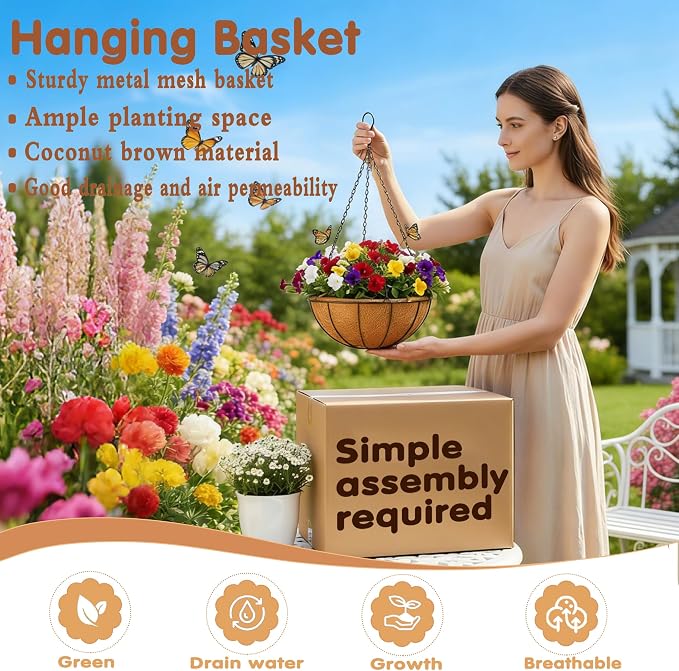 14 inch Metal Hanging Baskets For Plants Outdoor 4 Pack Round Metal Wire - Image 2