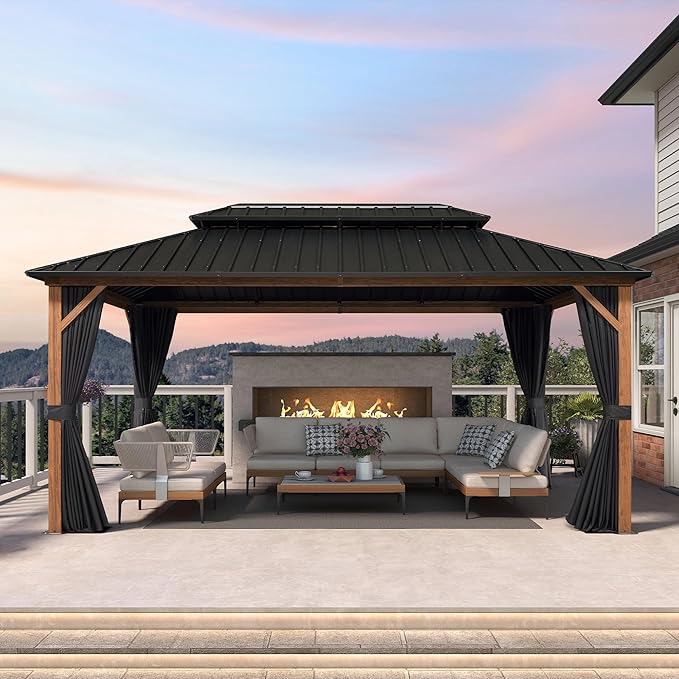 PURPLE LEAF 10' X 16' Hardtop Gazebo Outdoor Wood Grain Aluminum Frame Heavy - Image 2