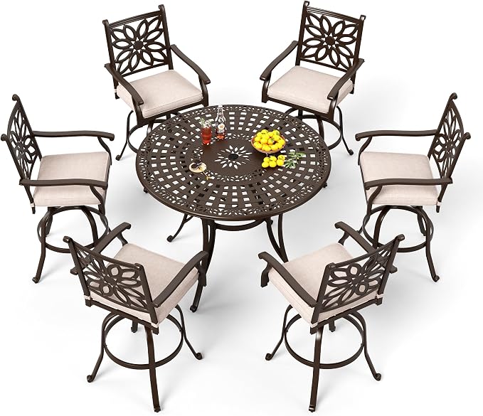 PHI VILLA 7 PCS High Bar Patio Dining Set, Cast Aluminum Outdoor Bar Set by PHIVILLAThepioneerofcomfortablehouseholdsupplies