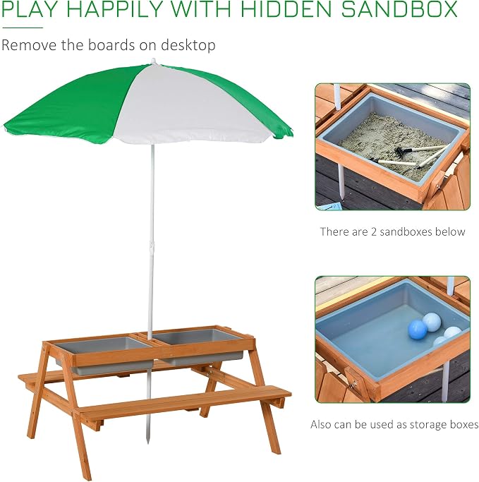 Outsunny Kids 3 in 1 Sand and Water Table, Wooden Outdoor Convertible Picnic - Image 5