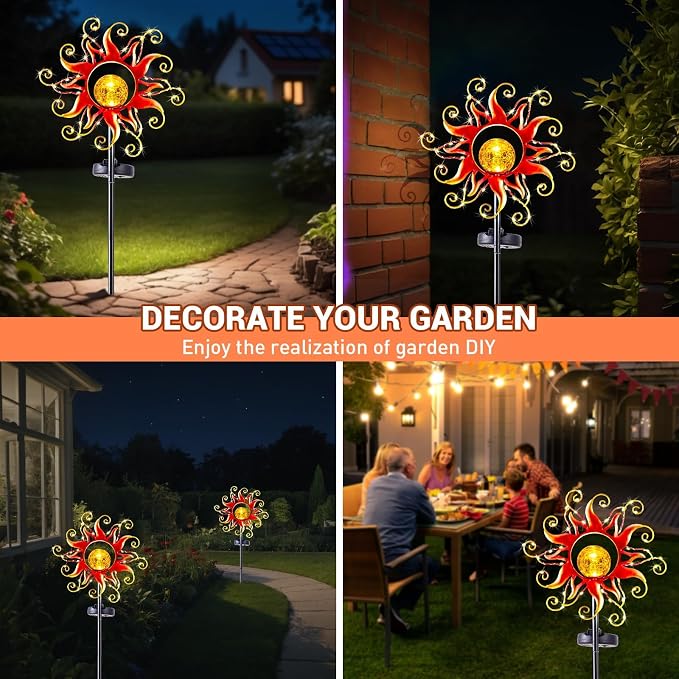 Solar Lights Outdoor Waterproof Red Sun Metal Crackle Glass Stake Decorative - Image 9