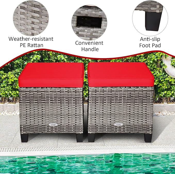 LDAILY Moccha 2 Pieces Patio Outdoor Ottoman, All Weather Rattan Patio Ottoman - Image 5