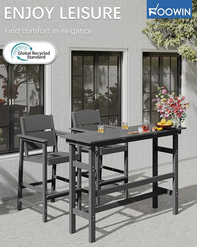FOOWIN 3 Piece Outdoor Bar Height Table and Chairs, All Weather HDPE Patio Bar - Image 3