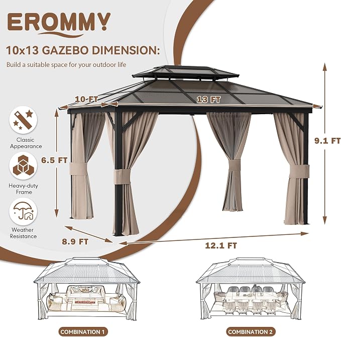 EROMMY 10' x 13' Gazebo Polycarbonate Double Roof Canopy Outdoor Aluminum Frame - Image 2