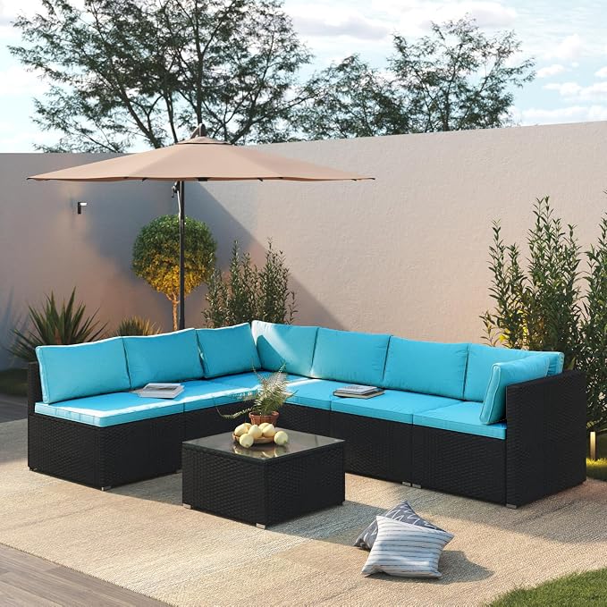 7 Piece Outdoor Patio Furniture Sets, Turquoise Patio Sectional Furniture - Image 2