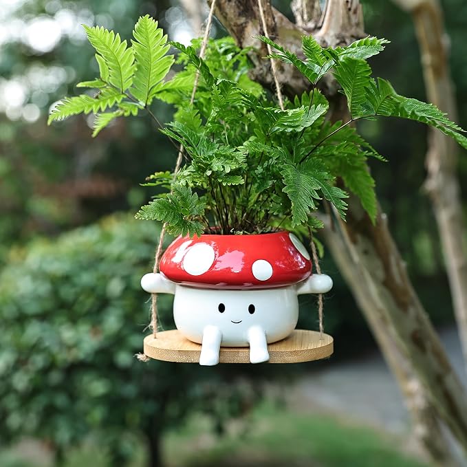 Fungi Fun Mushroom Hanging Planter Pot, Cute Ceramic Swing Face Planter - Image 5