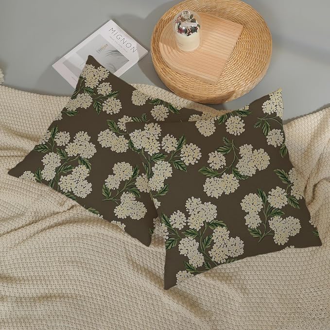 Brown Spring Pillow Covers 16x16 Inch 2 Pcs Green Yellow Hydrangea Flower Decor - Image 5