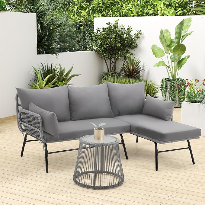 EROMMY 3 Piece Boho Patio Conversation Sets, L-Shaped Sectional Patio Furniture - Image 2