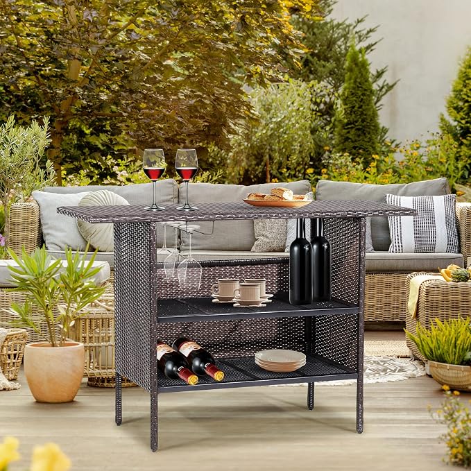 Tangkula Outdoor Wicker Bar Table, Patiojoy All Weather Patio Bar Height Table - Image 2