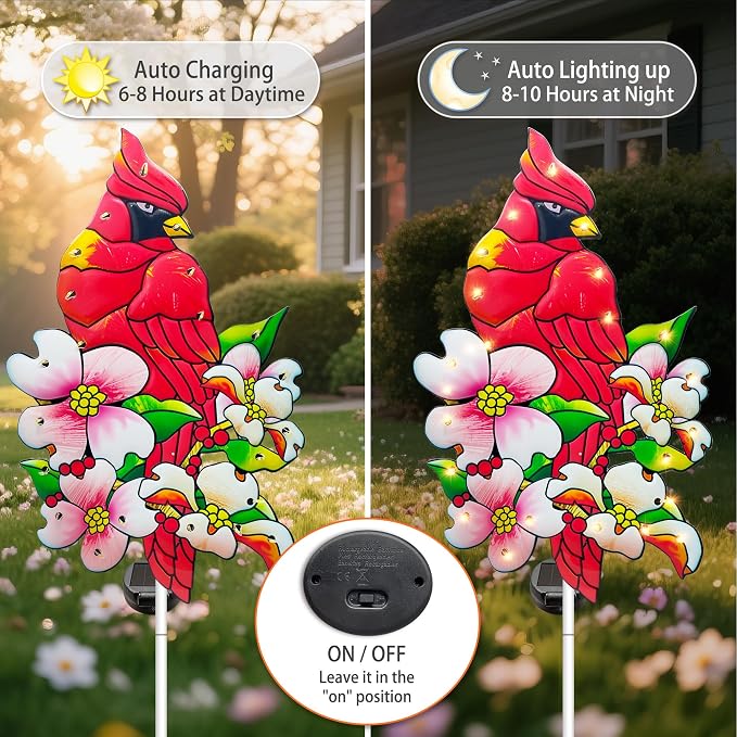 Hexagram Cardinal Garden Decor Yard Stakes, Lighted Metal Red Bird Garden - Image 4