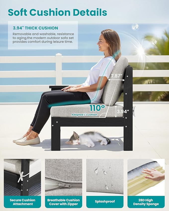 SERWALL 3 Pieces Patio Conversation Set, All-Weather HDPE Outdoor Sofas - Image 4