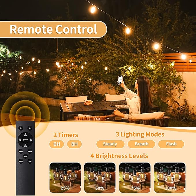Outdoor String Lights with Remote, 100ft 50 LED Bulbs Dimmable Patio Lights - Image 3