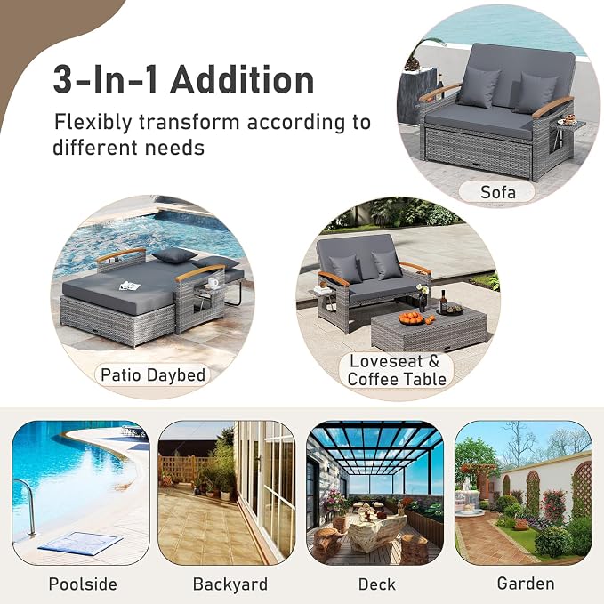 LDAILY Moccha Outdoor Wicker Daybed, Patio Rattan Loveseat Sofa w/ 4-Level - Image 6