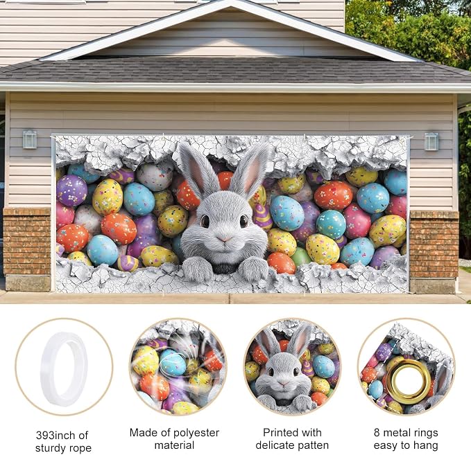 ANNA QUEEN Easter Bunny Garage Door Banner 6x13FT, Cute Rabbit Peeking Cracked - Image 4