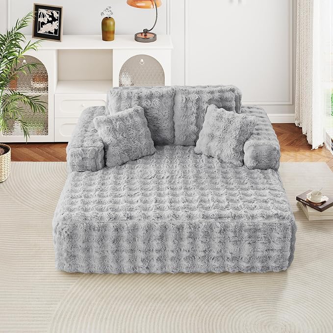 56"W Oversized Chaise Lounge Chair Indoor, Plush Faux Fur Sleeper Couch Sofa Bed - Image 9