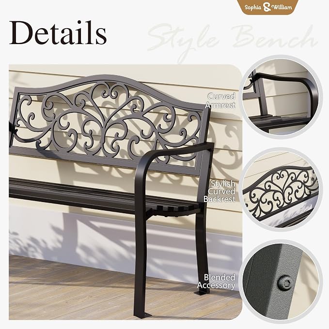 Sophia & William Outdoor Bench, Metal Garden Bench, Cast Iron Park Benches - Image 7