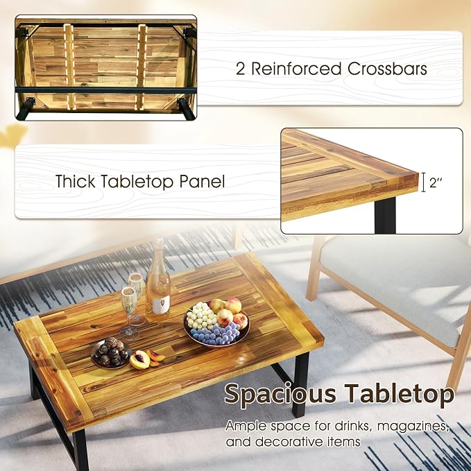Tangkula Outdoor Acacia Wood Coffee Table, Rectangle Rustic Accent Table - Image 6
