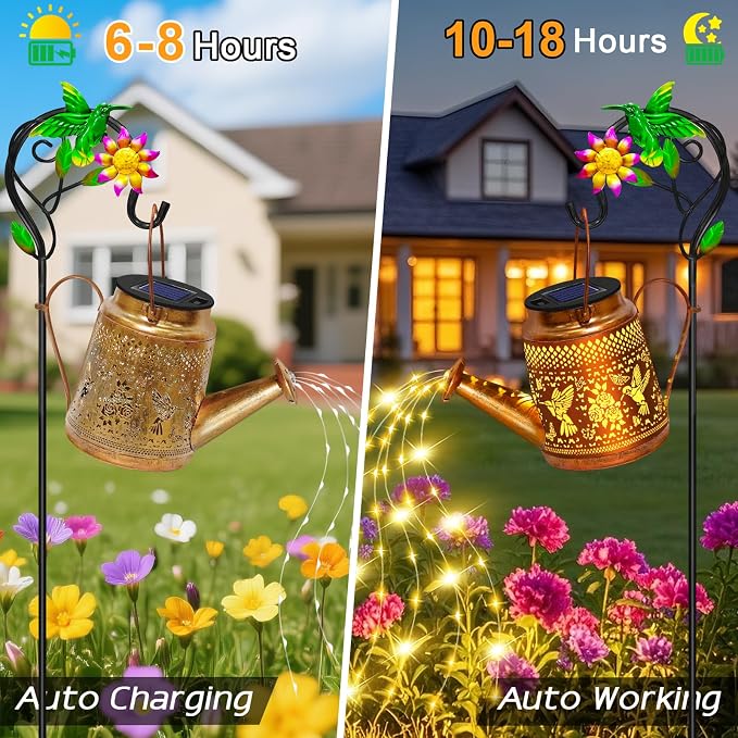 2 Packs Solar Watering Can Lights Hummingbird Garden Decor, Hanging Lanterns - Image 8