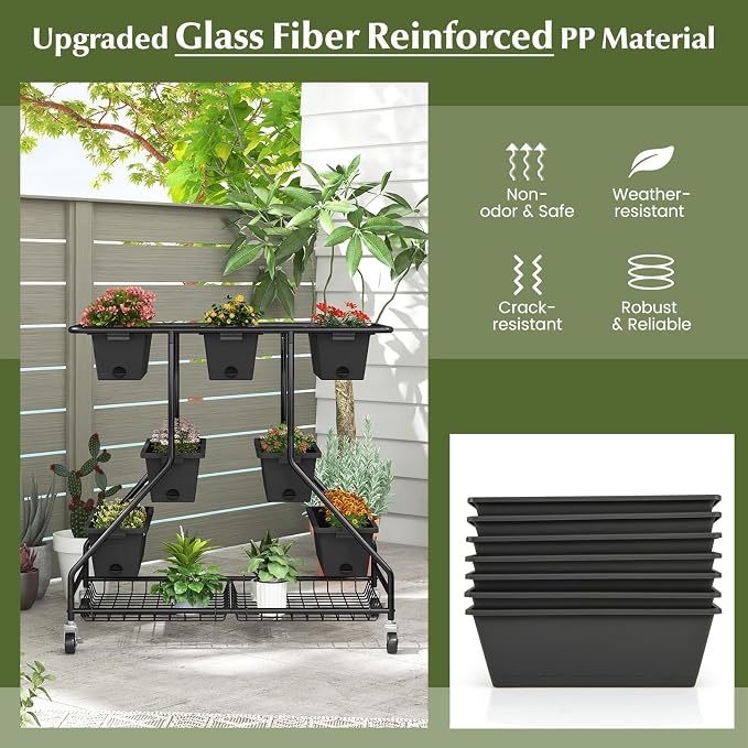 Giantex Rolling Raised Garden Bed w/ 7 Planter Boxes, Storage Baskets, Drainage - Image 8
