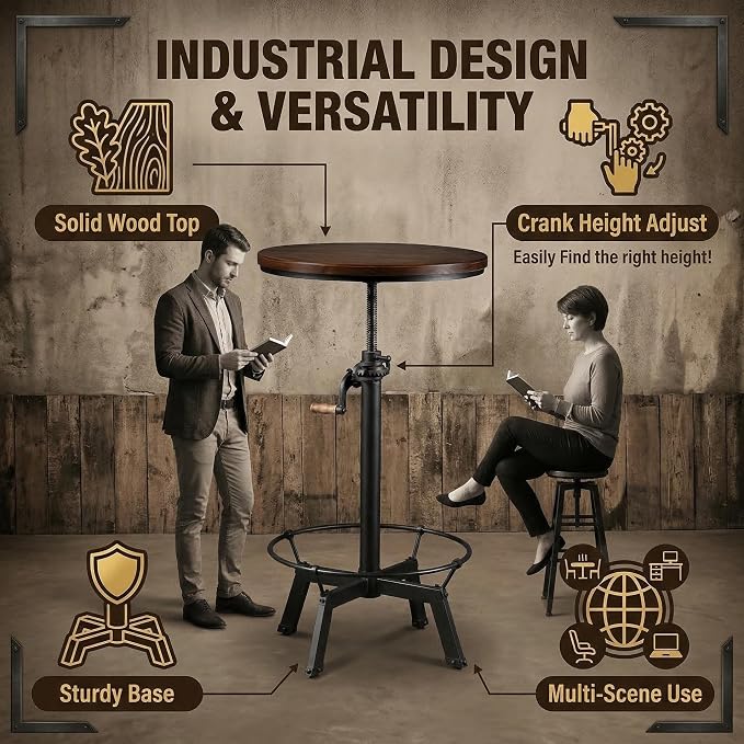 Topower Industrial Pub Table 23.65" Round Wood Top Adjustable Height 33.5"-39.4" - Image 7