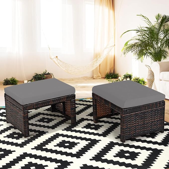 Tangkula 2 Pieces Patio Rattan Ottomans, All Weather Outdoor Footstool Footrest - Image 4