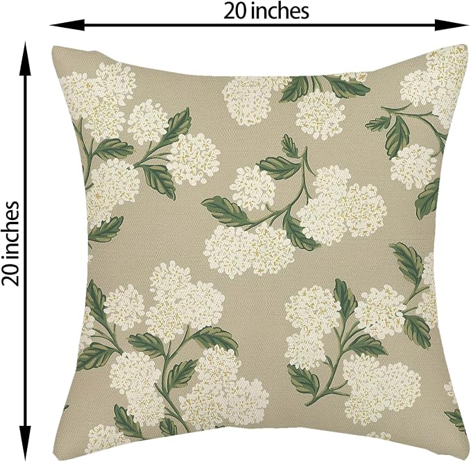 Beige Spring Pillow Covers 20x20 Inch 2 Pcs Khaki Green Hydrangea Flower Decor - Image 6