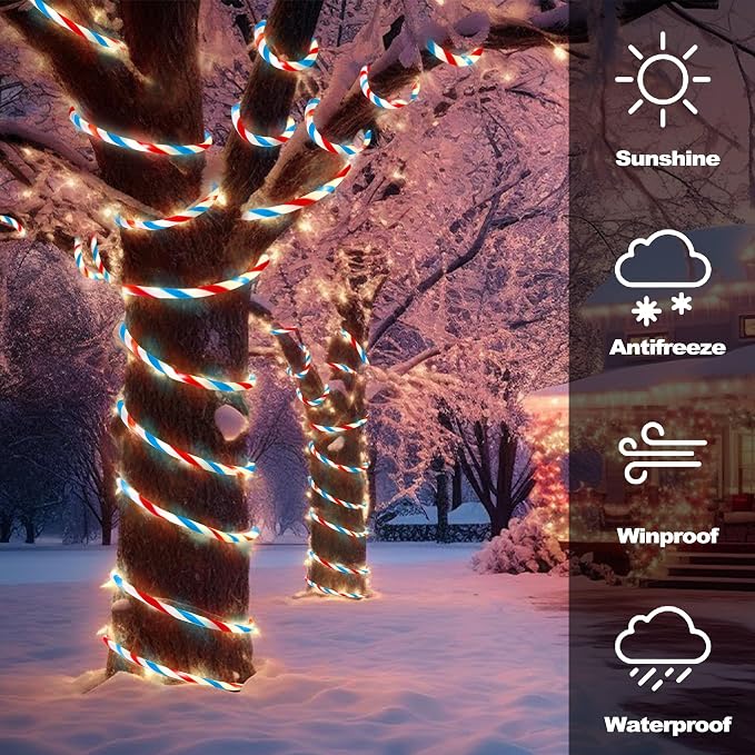 Jnaurb Christmas Candy Cane Lights, 33ft 240 LED Connectable White & Red & Blue - Image 5