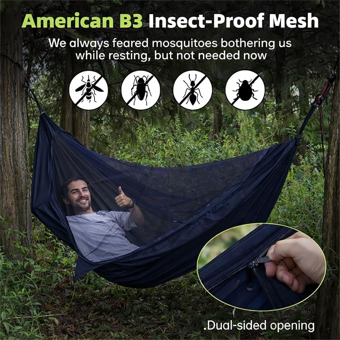 Camping Hammock with Mosquito Net, 2 Person Hammock Bug Net, Parachute Nylon - Image 2