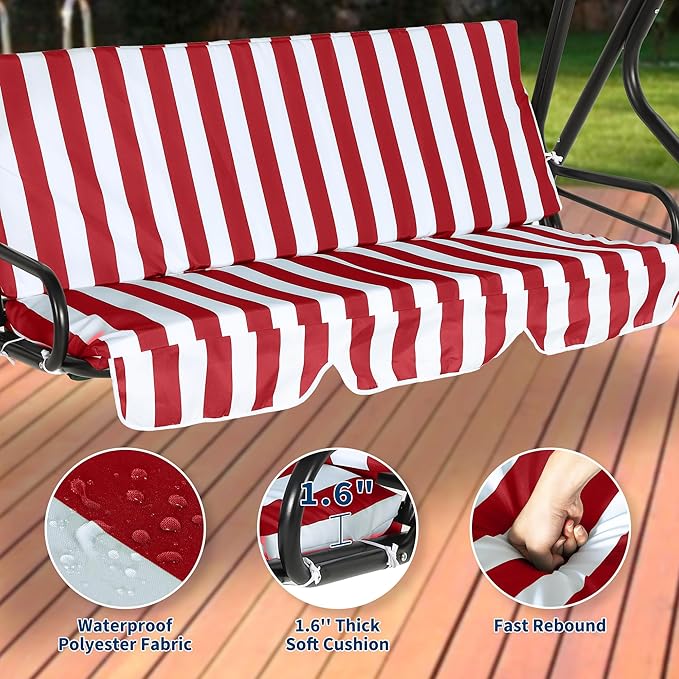 Outdoor Porch Swing Chair with Adjustable Canopy & Striped Seat Cushion - Image 5